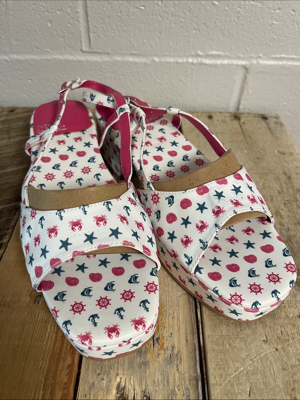 Jeffrey Campbell White Sandals with Pink & Navy Nautical Prints